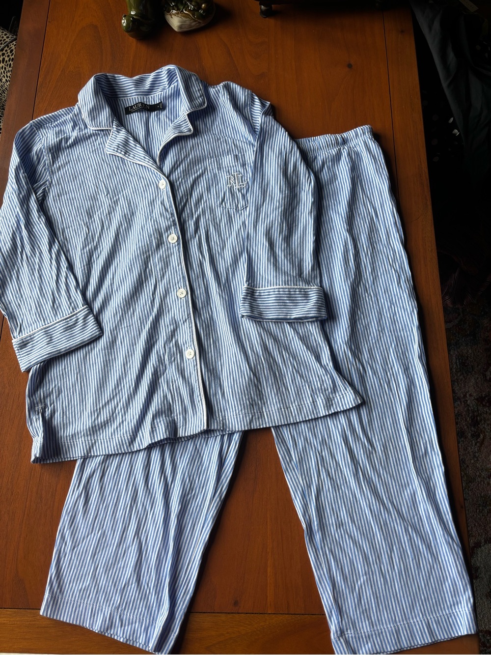 Lauren Ralph Lauren Blue & White Striped 2-Piece Pajama Set